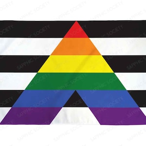 May include: A pride flag with a black and white striped background and a rainbow triangle in the center. The triangle is made up of the colors red, orange, yellow, green, blue, indigo, and violet.