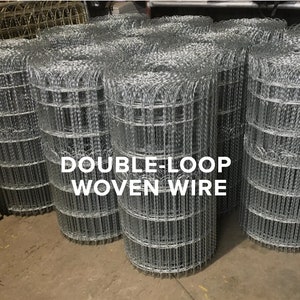 May include: Rolls of galvanized double-loop woven wire fencing. The wire is twisted and knotted to create a strong and durable fence.