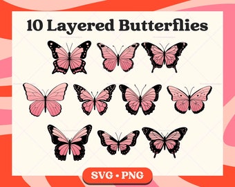 Lot de 25 modèles SVG papillon en couches | Dessiné à la main | Fichiers SVG pour Cricut | Vecteur papillon | Clipart | Silhouette