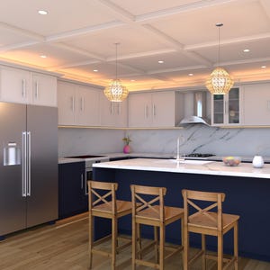 May include: A modern kitchen with white cabinets, a stainless steel refrigerator, and a navy blue island with a white countertop. The kitchen features wooden bar stools, pendant lights, and a marble backsplash. The ceiling has recessed lighting.