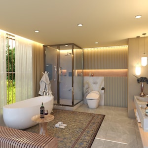 May include: A modern bathroom with a freestanding white bathtub, a glass shower, and a toilet. The room features a bench, a rug, and a vanity with a mirror. The lighting is warm, and the overall design is luxurious.