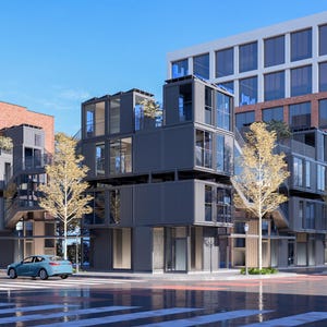 May include: An architectural rendering of a modern building complex. The design incorporates stacked shipping containers, creating a unique and contemporary aesthetic. The buildings are a mix of dark gray and brick, with large windows. Cars are on the street in front of the building.