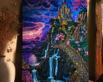 Pintura acrílica a mano: Castillo encantado con cascada, cerezos en flor y majestuosa montaña.
