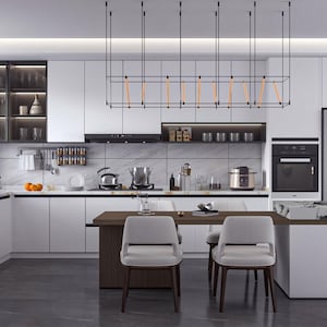 Può includere: Cucina bianca moderna con dettagli scuri. Include un grande frigorifero, forno a incasso e un tavolo da pranzo in legno scuro con due sedie bianche. L'illuminazione dall'alto e un piano di lavoro in marmo completano il design contemporaneo.