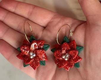 Poinsettia Earrings, Poinsettia Hoops, Christmas Earrings, Earrings for Christmas, Holiday Jewelry