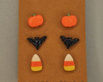 Halloween Studs (Set of 3), Pumpkin Earrings, Bat Earrings, Candy Corn Earrings, Skull Earrings, Black Cat Earrings, Witches Hat Earrings