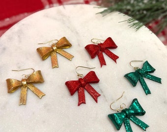 Glitter Bow Drop Earrings, Bow Earrings, Christmas Earrings, Earrings for Christmas, Holiday Jewelry
