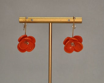 Burnt Orange Flower Earrings, Flower Dangles, Flower Studs, Statement Earrings