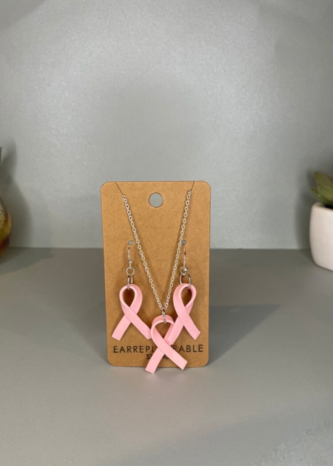 Pink Ribbon Earrings and Necklace, Breast Cancer Ribbons, Polymer Clay