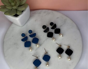 Navy Blue Earrings, Black Earrings, Pearl  Earrings, Elegant Dangle Earrings