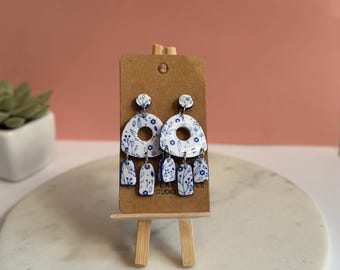 Chinoiserie Earrings, Blue and white Earrings, Floral Pattern Earrings, Handmade Earrings, Polymer Clay Earrings