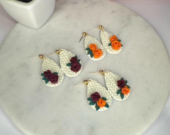 Floral drop earrings, rose earrings, fall floral earrings, handmade earrings for fall
