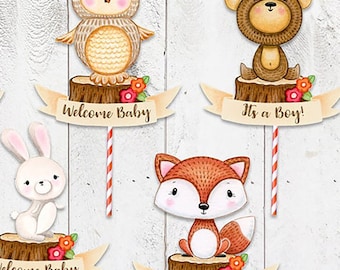 Woodland Baby Shower Cake Topper, Personalized Cake Decoration, Printed Forest Animal Cake Topper, Woodland Animal Cutouts for Baby's 1st