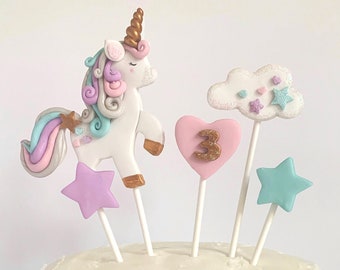 Unicorn Cake Topper, Non Edible Cake Topper, Magic Unicorn Birthday, Cloud and Stars, Keepsake Cake Topper, Polymer Clay Unicorn Centerpiece