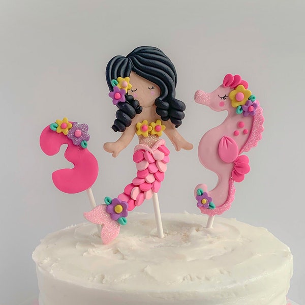 Pink Mermaid Cake Topper, Non Edible, Mermaid Birthday, Sea Horse, Keepsake Cake Topper, Polymer Clay Mermaid, Under The Sea Party
