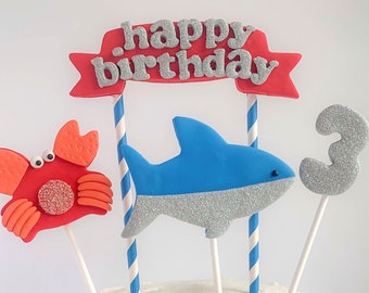 Shark Birthday Cake Topper, Boy's Birthday, Shark Party Cake Decorations, Nonedible, Polymer Clay Shark Topper, Sea Creatures Party