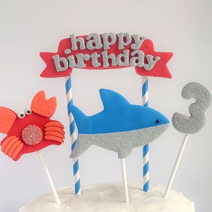 Shark Birthday Cake Topper, Boy&#39;s Birthday, Shark Party Cake Decorations, Nonedible, Polymer Clay Shark Topper, Sea Creatures Party