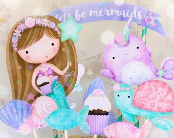 Personalized Mermaid Cake Topper, Under The Sea Birthday, Sea Creature Cut Outs, Mermaid Centerpiece, Mermaid Party Decor, Summer Cake Decor