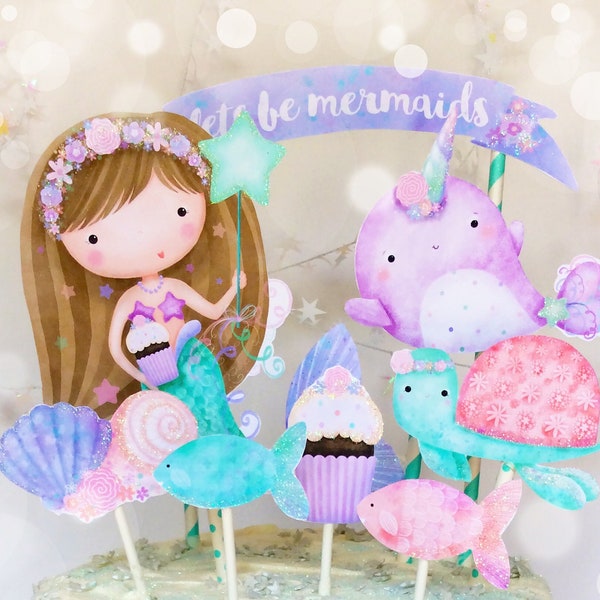 Personalized Mermaid Cake Topper, Under The Sea Birthday, Sea Creature Cut Outs, Mermaid Centerpiece, Mermaid Party Decor, Summer Cake Decor