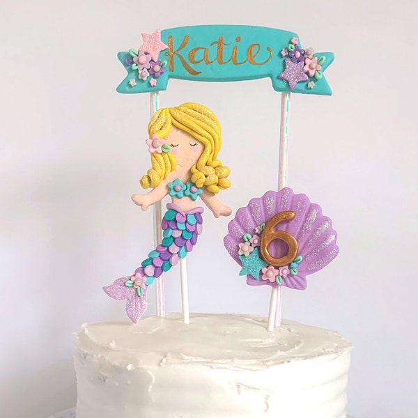 Personalized Mermaid Cake Topper, Pastel Mermaid Birthday, Under the Sea Cake Decoration, Polymer Clay Mermaid, Summer Birthday Cake Topper