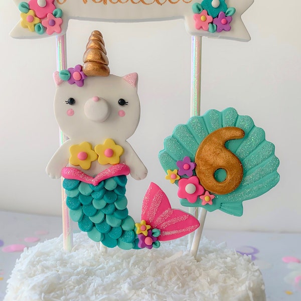 Meerjungfrau Katze Kuchen Topper, Mercat Geburtstag, Katze Kuchen Dekoration, Merkitty Party, Unterwasserparty, Einhorn Kitty Herzstück, Kittycorn