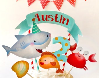 Décoration de gâteau d'anniversaire requin, anniversaire sous la mer, créatures marines découpées, personnalisé, décoration de fête requin, décoration de gâteau d'été pour garçon