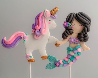 Unicorn Mermaid Cake Topper, Mermaid Cake Decorations, Under The Sea Party, Custom Unicorn Birthday Cake Topper, Polymer Clay Mermaid