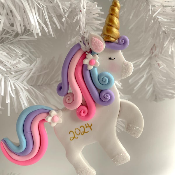 Personalized Unicorn Ornament, Christmas Ornament for Child, Polymer Clay, Rainbow Unicorn, Custom Handmade Ornament, Unicorn Lover Gift