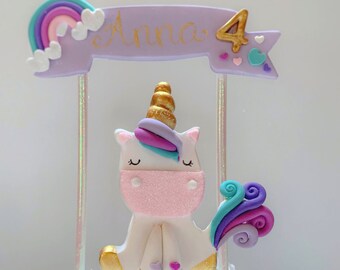 Gepersonaliseerde Eenhoorn taarttopper, niet-eetbare taarttopper, regenboog eenhoorn verjaardag, aandenken taarttopper voor meisje, polymeerklei Eenhoorn