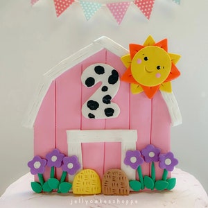 Adorno para tarta de granero rosa, cumpleaños de granero para niña, adorno para tarta de granja para niña, baby shower de niña, decoración personalizada para tarta de granero, cumpleaños de primavera