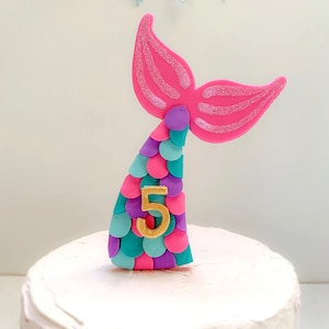 Mermaid Tail Cake Topper, Mermaid Birthday, Non Edible Cake Topper, Personalized, Mermaid Topper for Girl, Pink Mermaid Tail, Polymer Clay