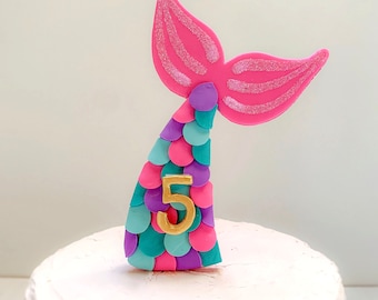 Mermaid Tail Cake Topper, Mermaid Birthday, Non Edible Cake Topper, Personalized, Mermaid Topper for Girl, Pink Mermaid Tail, Polymer Clay