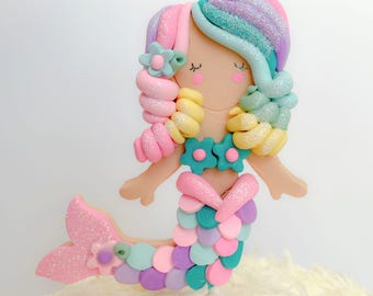 Custom Mermaid Cake Topper, Non Edible, Pastel Mermaid Birthday, Under the Sea Cake Decoration, Polymer Clay Mermaid, Girl's Birthday