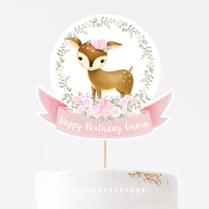 Deer Cake Topper for Baby&#39;s 1st Birthday, Woodland Baby Shower for Girl, Cute Deer Centerpiece, Deer Cutout, Personalized Cake Decoration