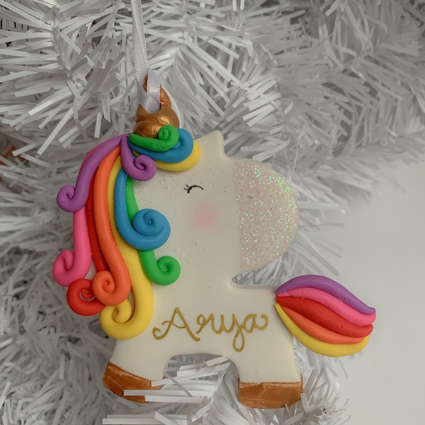 Personalized Unicorn Ornament, Christmas Ornament for Girl, Polymer Clay Rainbow Unicorn, Custom Handmade Ornament, Pastel Rainbow Unicorn