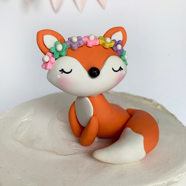Fox Cake Topper, Nonedible Woodland Cake Decoration, Woodland Baby Shower, Woodland Birthday for Girl, Polymer Clay Fox Figurine, Pink Fox