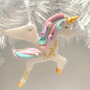 Personalized Unicorn Ornament, Pegasus Ornament, Christmas Ornament for Girl, Polymer Clay Rainbow Unicorn, Custom Handmade Ornament