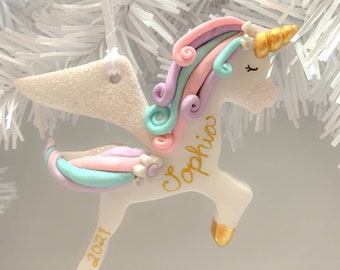 Personalized Unicorn Ornament, Pegasus Ornament, Christmas Ornament for Girl, Polymer Clay Rainbow Unicorn, Custom Handmade Ornament