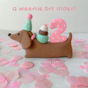 May include: A brown dachshund figurine wearing a mint green party hat with a pink pom-pom and a pink collar. A small cupcake and a large pink number two with white polka dots sit on its back. The text a weenie bit older! appears above.
