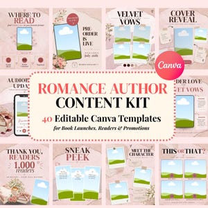 May include: A digital collection of 40 editable Canva templates for romance authors, featuring various layouts for book launches, reader engagement, and promotions, all displayed in a soft pink color palette with text overlays.