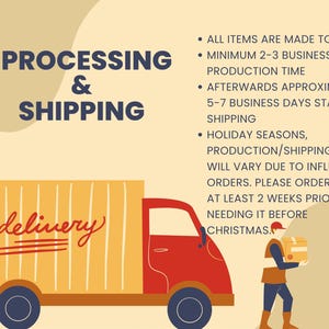 Puede incluir: Un cami&oacute;n de reparto amarillo con la palabra "delivery" escrita en rojo en el lateral. Una persona con una camisa roja y pantalones azules lleva una caja marr&oacute;n. El texto de la imagen dice "PROCESSING & SHIPPING" e incluye informaci&oacute;n sobre los tiempos de producci&oacute;n y env&iacute;o.