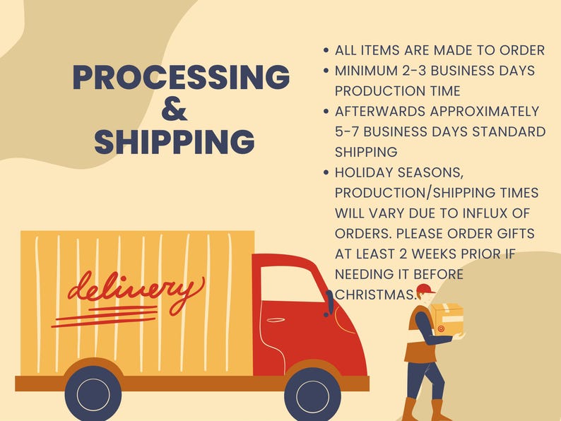 Puede incluir: Un cami&oacute;n de reparto amarillo con la palabra "delivery" escrita en rojo en el lateral. Una persona con una camisa roja y pantalones azules lleva una caja marr&oacute;n. El texto de la imagen dice "PROCESSING & SHIPPING" e incluye informaci&oacute;n sobre los tiempos de producci&oacute;n y env&iacute;o.