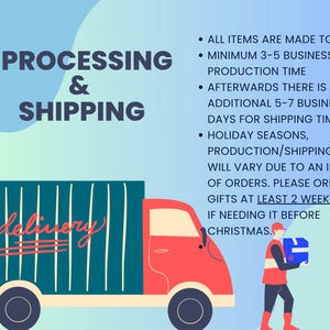 May include: An illustration with text about processing and shipping. A red truck with a teal cargo area labeled "delivery" is shown. A person in a red vest carries a blue box. The background is blue and teal.