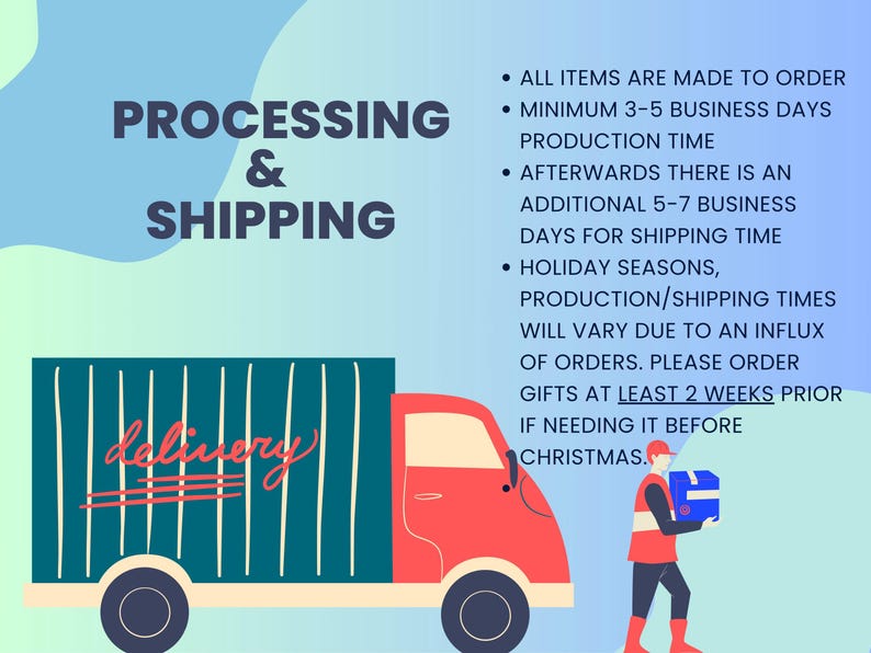 May include: An illustration with text about processing and shipping. A red truck with a teal cargo area labeled "delivery" is shown. A person in a red vest carries a blue box. The background is blue and teal.