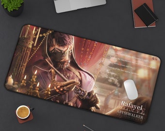 May include: A black and purple anime-style mousepad featuring a character with a mask and a sword. The background is a red and gold tapestry with text that reads: "As golden sands recede by Tempests might, Songs of the Sea blanket the Land's desperate plight. Azure waves caress each fin. Children of the Sea rejoice, spirits sail... The Traveler... The Traveler's..." The bottom of the mousepad reads: "Rafayel DELISPACE ABYSSWALKER".