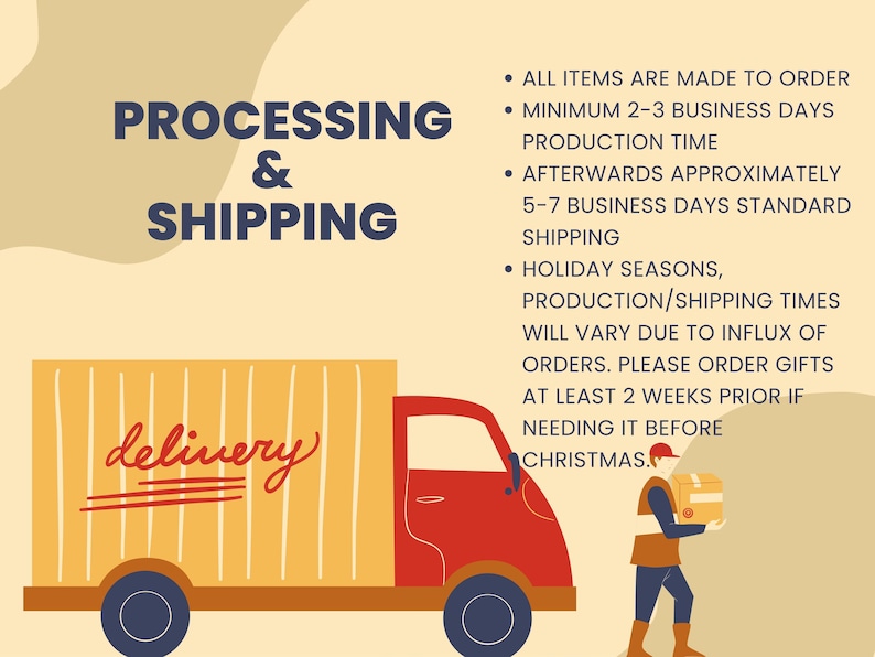 May include: A yellow delivery truck with the word "delivery" written in red on the side. A person in a red shirt and blue pants is carrying a brown box. The text on the image reads "PROCESSING & SHIPPING" and includes information about production and shipping times.