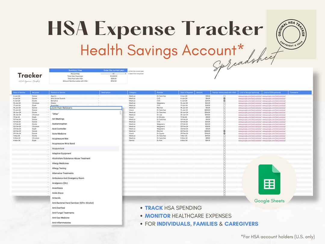 HSA Expense Tracker, Healthcare Savings Account Expenses Spreadsheet Template Google Sheets, HSA