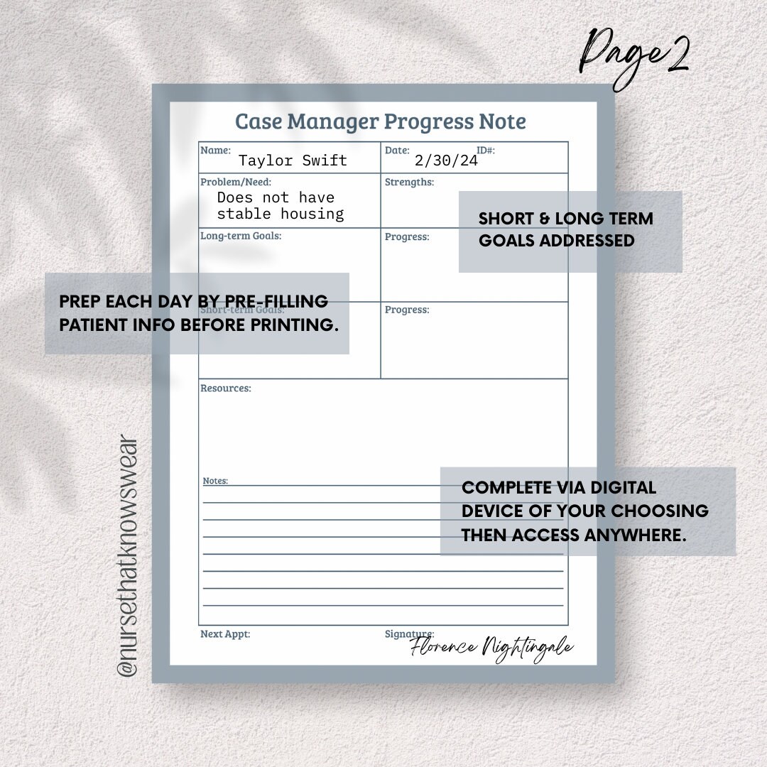 Case Management Progress Note, Social Worker Client Session Form ...