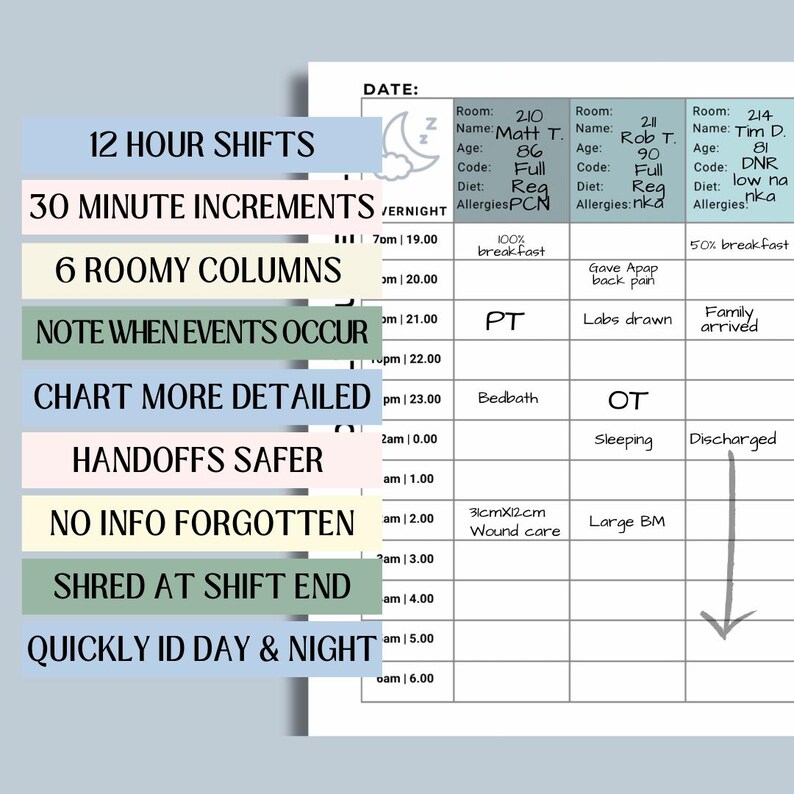 6 Patient Nurse Report Sheet, Nursing Hourly to Do Activity Planner