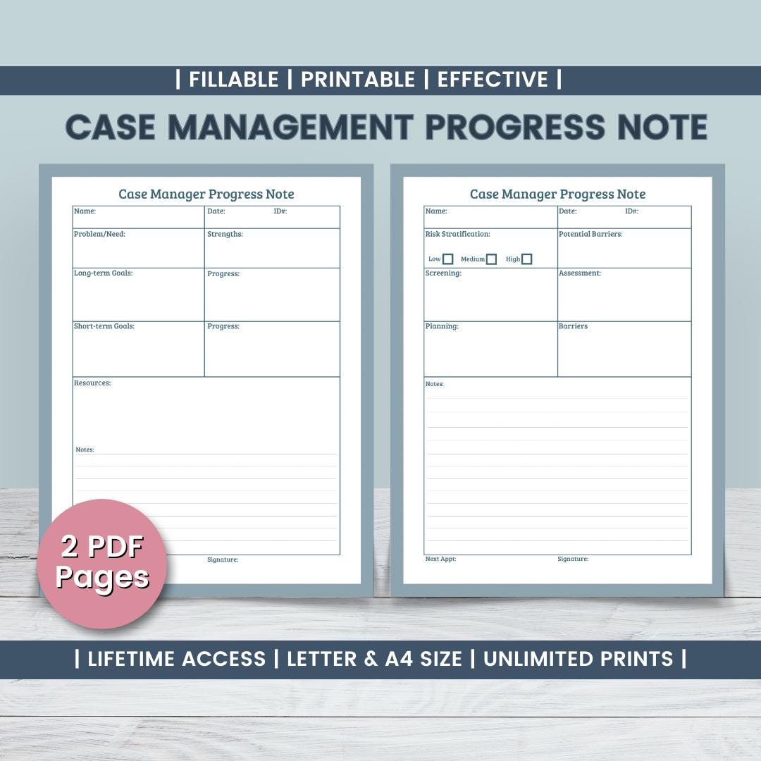 Case Management Progress Note, Social Worker Client Session Form ...